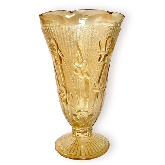 Vintage Jeanette Glass Iris Iridescence Herringbone Carnival Flower 9” Vase - Picture 2 of 16